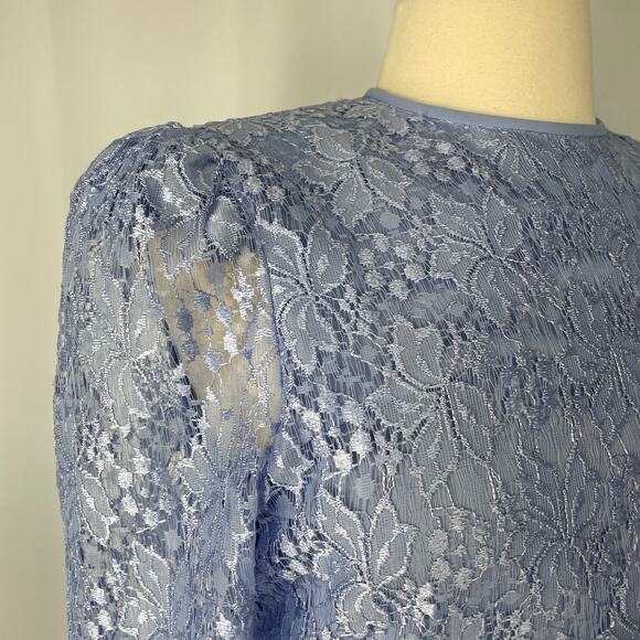 Vintage Cocktail Dress Size 14 Light Blue Lace Bow Puff Sleeve Formal Party Midi - Picture 4 of 16